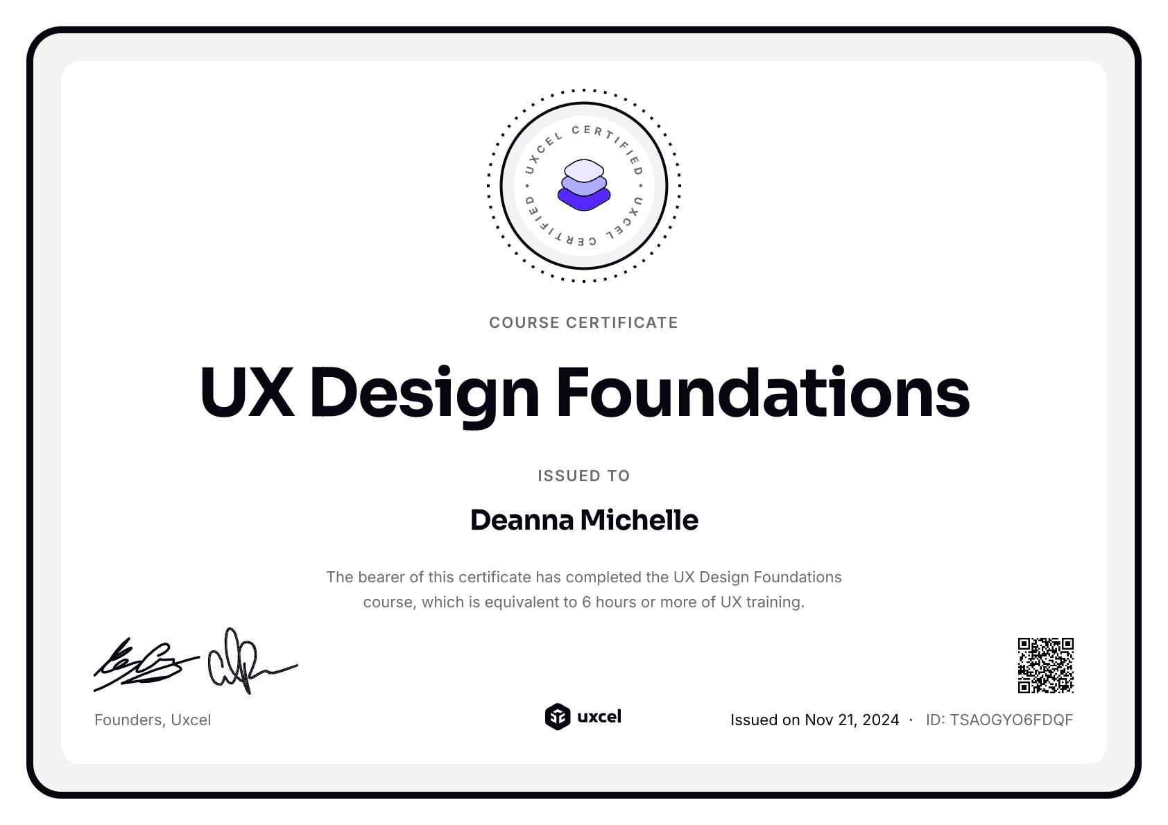 Deanna Michelle's certificate
